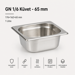 Paslanmaz Çelik Gastronom Küvet GN 1/6-65 (17,6 x 16,2 x 6,5 CM)