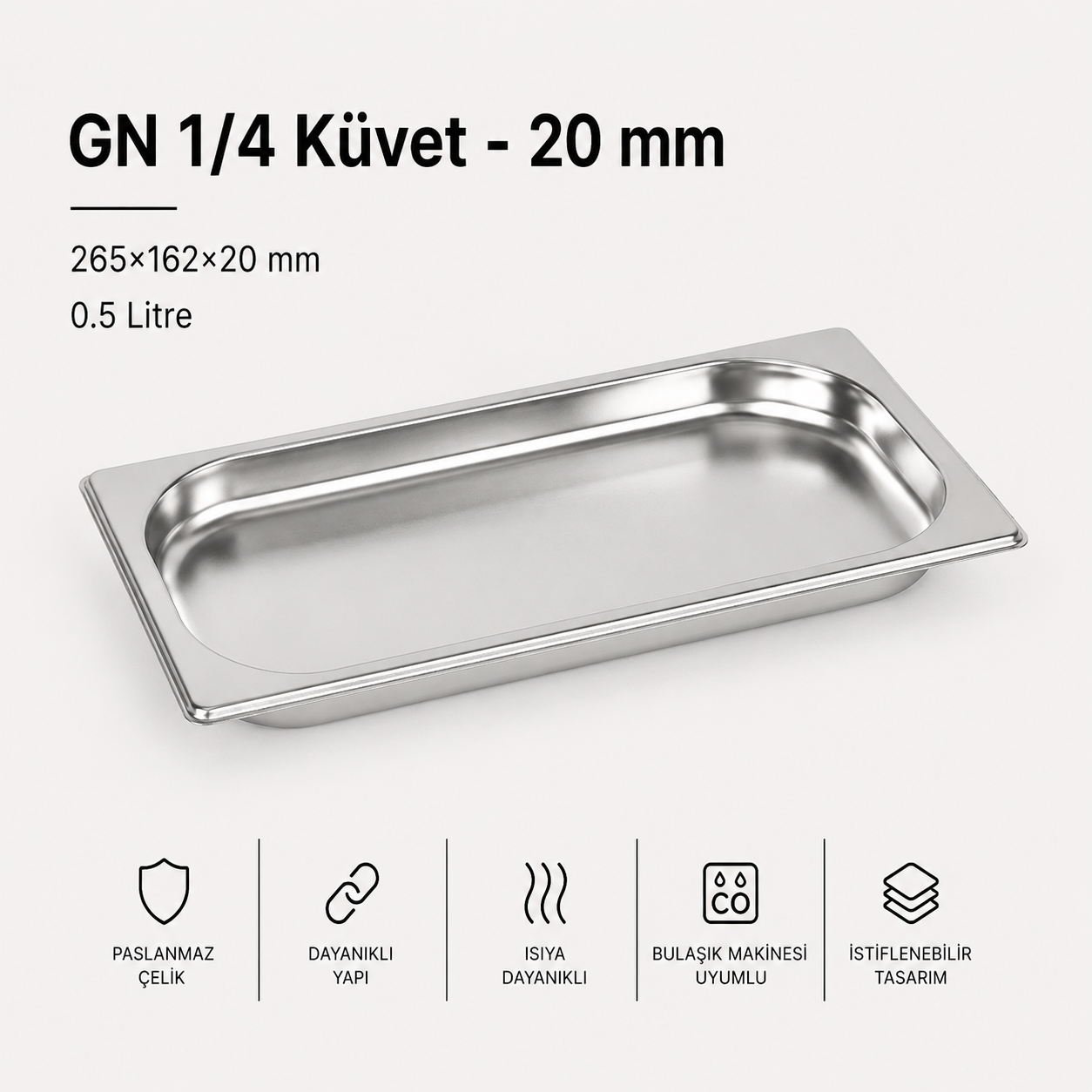 GN 1/4-20 Paslanmaz Çelik Gastronom Küvet 2 cm | 0,5 L
