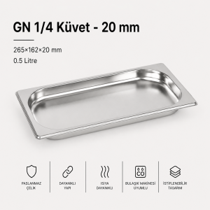 GN 1/4-20 Paslanmaz Çelik Gastronom Küvet 2 cm | 0,5 L