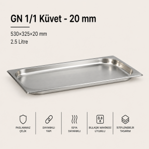 GN 1/1-20 Paslanmaz Çelik Gastronom Küvet 2 cm | 2,5 L