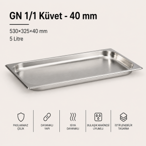 GN 1/1-40 Paslanmaz Çelik Gastronom Küvet 4 cm | 5 L