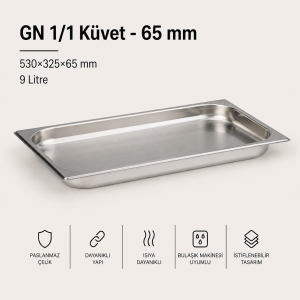 GN 1/1-65 Paslanmaz Çelik Gastronom Küvet 6,5 cm | 9 L
