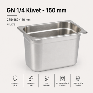 GN 1/4-150 Paslanmaz Çelik Gastronom Küvet 15 cm | 4 L