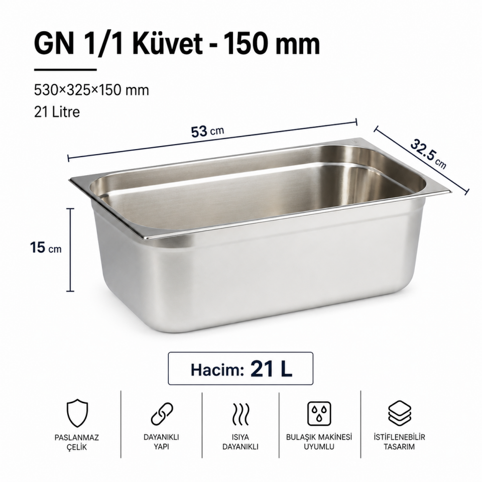 GN 1/1-150 Paslanmaz Çelik Gastronom Küvet 15 cm | 21 L