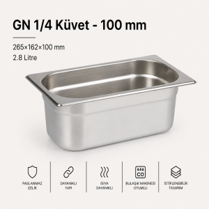 GN 1/4-100 Paslanmaz Çelik Gastronom Küvet 10 cm | 2,8 L