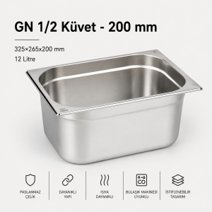 GN 1/2-200 Paslanmaz Çelik Gastronom Küvet 20 cm | 12 L