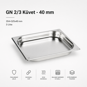 Paslanmaz Çelik Gastronom Küvet GN 2/3-40 (35,4 x 32,5 x 4 CM)