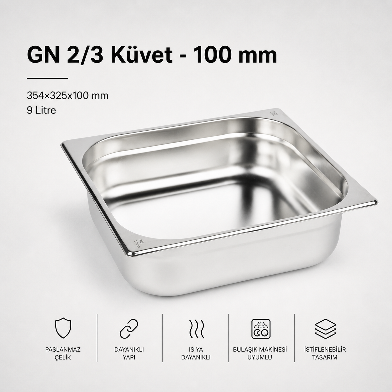 Paslanmaz Çelik Gastronom Küvet GN 2/3-100 (35,4 x 32,5 x 10 CM)