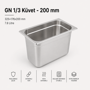 Paslanmaz Çelik Gastronom Küvet GN 1/3-200 (32,5 x 17,6 x 20 CM)