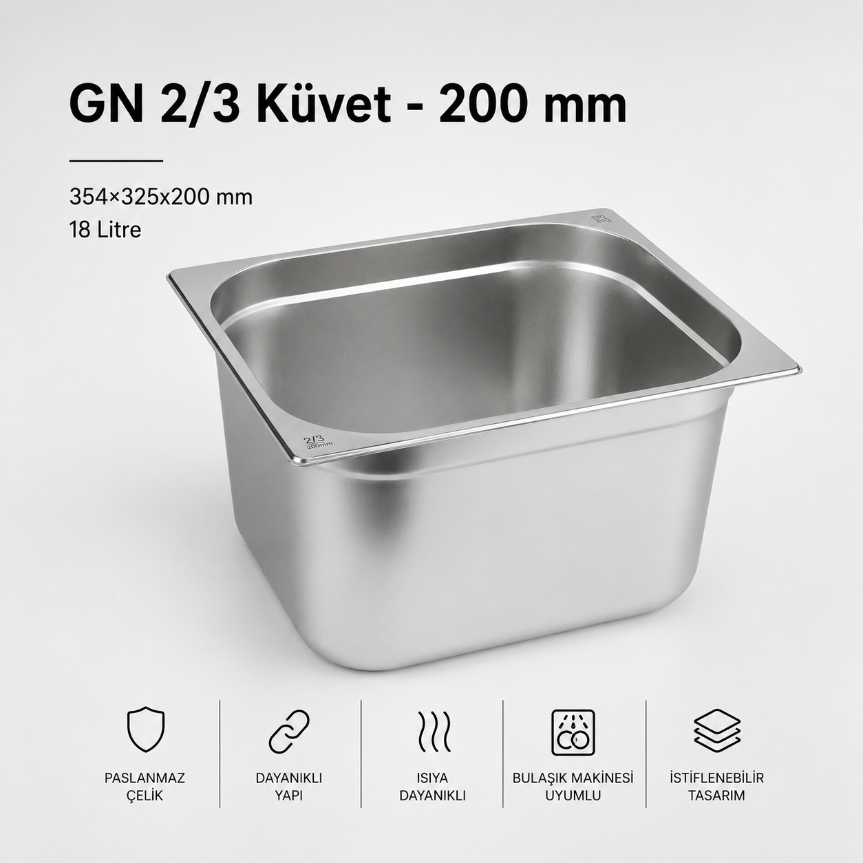 Paslanmaz Çelik Gastronom Küvet GN 2/3-200 (35,4 x 32,5 x 20 CM)