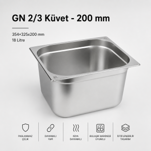 Paslanmaz Çelik Gastronom Küvet GN 2/3-200 (35,4 x 32,5 x 20 CM)