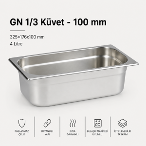 Paslanmaz Çelik Gastronom Küvet GN 1/3-100 (32,5 x 17,6 x 10 CM)