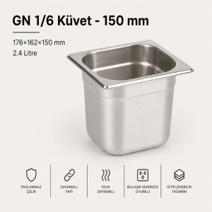 Paslanmaz Çelik Gastronom Küvet GN 1/6-150 (17,6 x 16,2 x 15 CM)