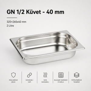GN 1/2-40 Paslanmaz Çelik Gastronom Küvet 4 cm | 2 L