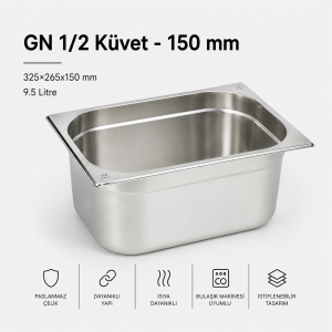 GN 1/2-150 Paslanmaz Çelik Gastronom Küvet 15 cm | 9,5 L