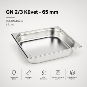 Paslanmaz Çelik Gastronom Küvet GN 2/3-65 (35,4 x 32,5 x 6,5 CM)