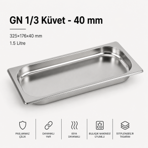 Paslanmaz Çelik Gastronom Küvet GN 1/3-40 (32,5 x 17,6 x 4 CM)