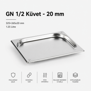 Paslanmaz Çelik Gastronom Küvet 2 cm GN 1/2-20 | 1,25 L