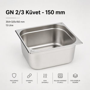 Paslanmaz Çelik Gastronom Küvet GN 2/3-150 (35,4 x 32,5 x 15 CM)