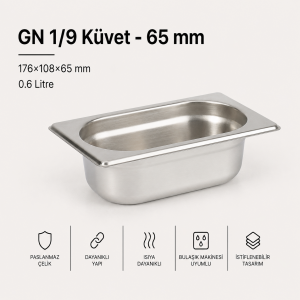 Paslanmaz Çelik Gastronom Küvet GN 1/9-65 (17,6 x 10,8 x 6,5 CM)