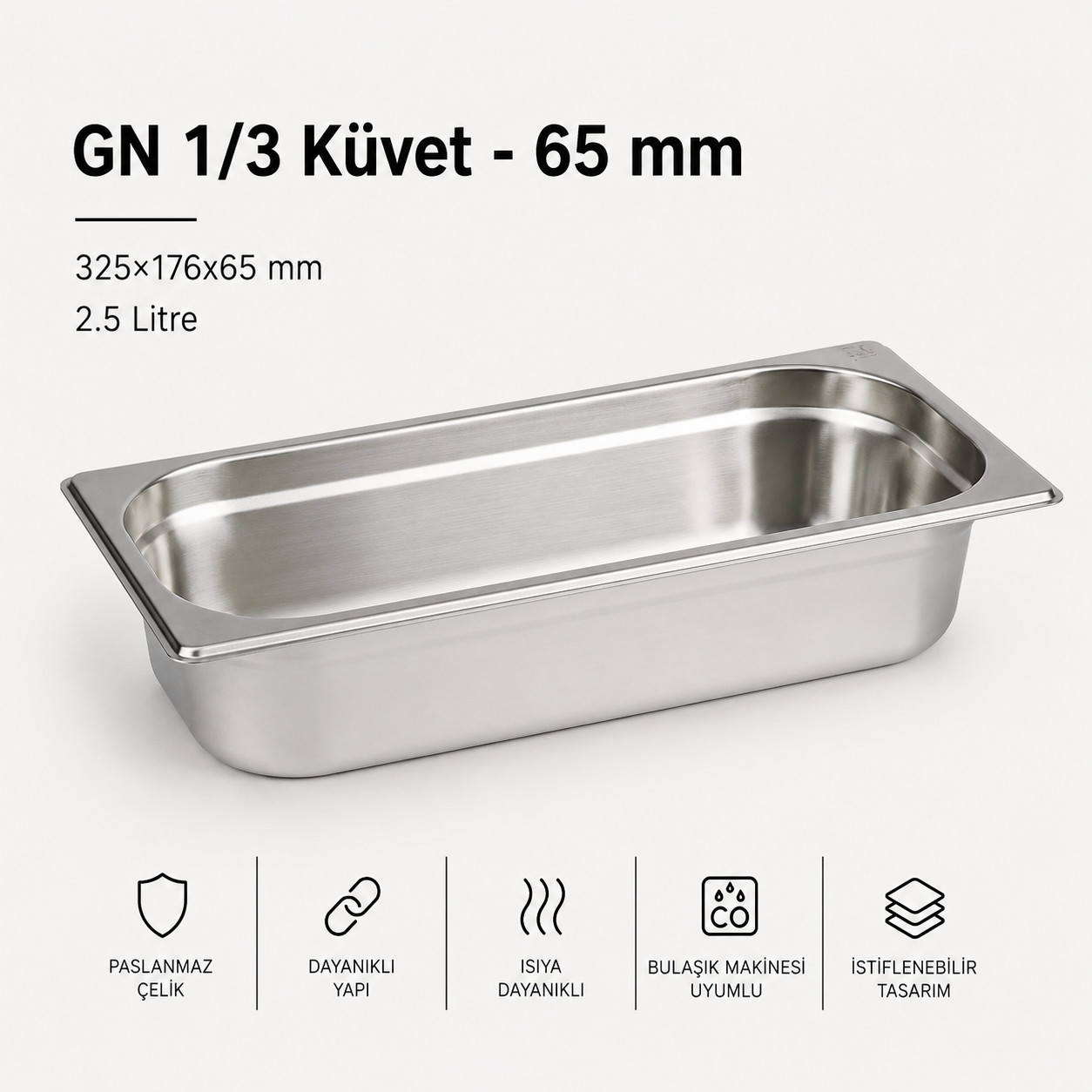 Paslanmaz Çelik Gastronom Küvet GN 1/3-65 (32,5 x 17,6 x 6,5 CM)