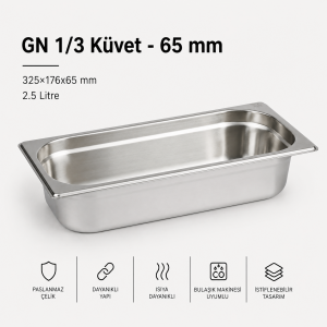 Paslanmaz Çelik Gastronom Küvet GN 1/3-65 (32,5 x 17,6 x 6,5 CM)