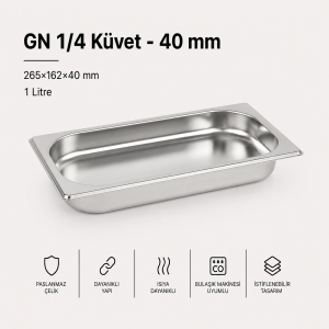 Paslanmaz Çelik Gastronom Küvet 4 cm GN 1/4-40 | 1 L