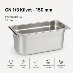 Paslanmaz Çelik Gastronom Küvet GN 1/3-150 (32,5 x 17,6 x 15 CM)