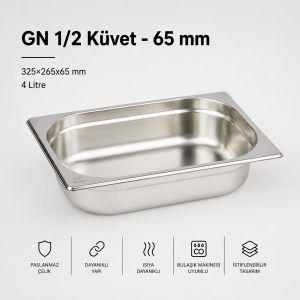 GN 1/2-65 Paslanmaz Çelik Gastronom Küvet | 4 L