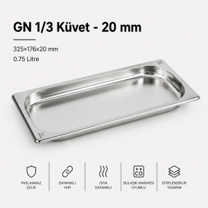 Paslanmaz Çelik Gastronom Küvet GN 1/3-20 (32,5 x 17,6 x 2 CM)