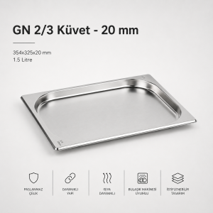 Natsan-Paslanmaz Çelik Gastronom Küvet GN 2/3-20 (35,4 x 32,5 x 2 CM)