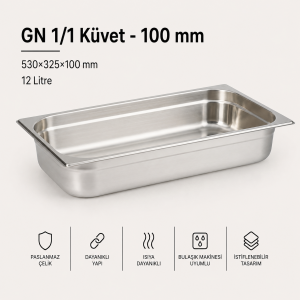 GN 1/1-100 Paslanmaz Çelik Gastronom Küvet 10 cm | 14 L