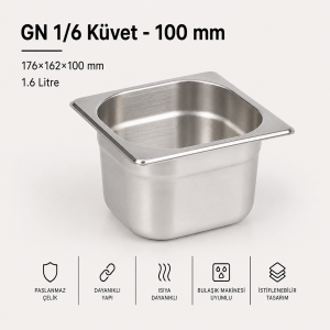 Paslanmaz Çelik Gastronom Küvet GN 1/6-100 (17,6 x 16,2 x 10 CM)