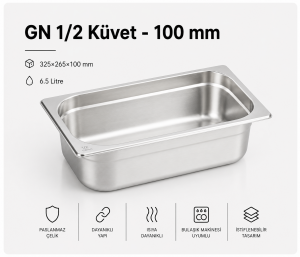 GN 1/2-100 Paslanmaz Çelik Gastronom Küvet 10 cm | 6,5 L