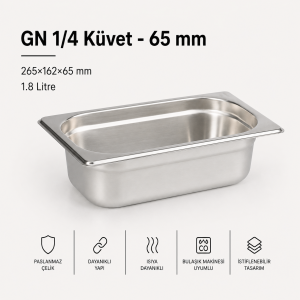 GN 1/4-65 Paslanmaz Çelik Gastronom Küvet 6,5 cm | 1,8 L
